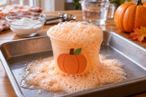 Orange foam bubbling over a pumpkin-decorated cup into a baking tray for a halloween science activity