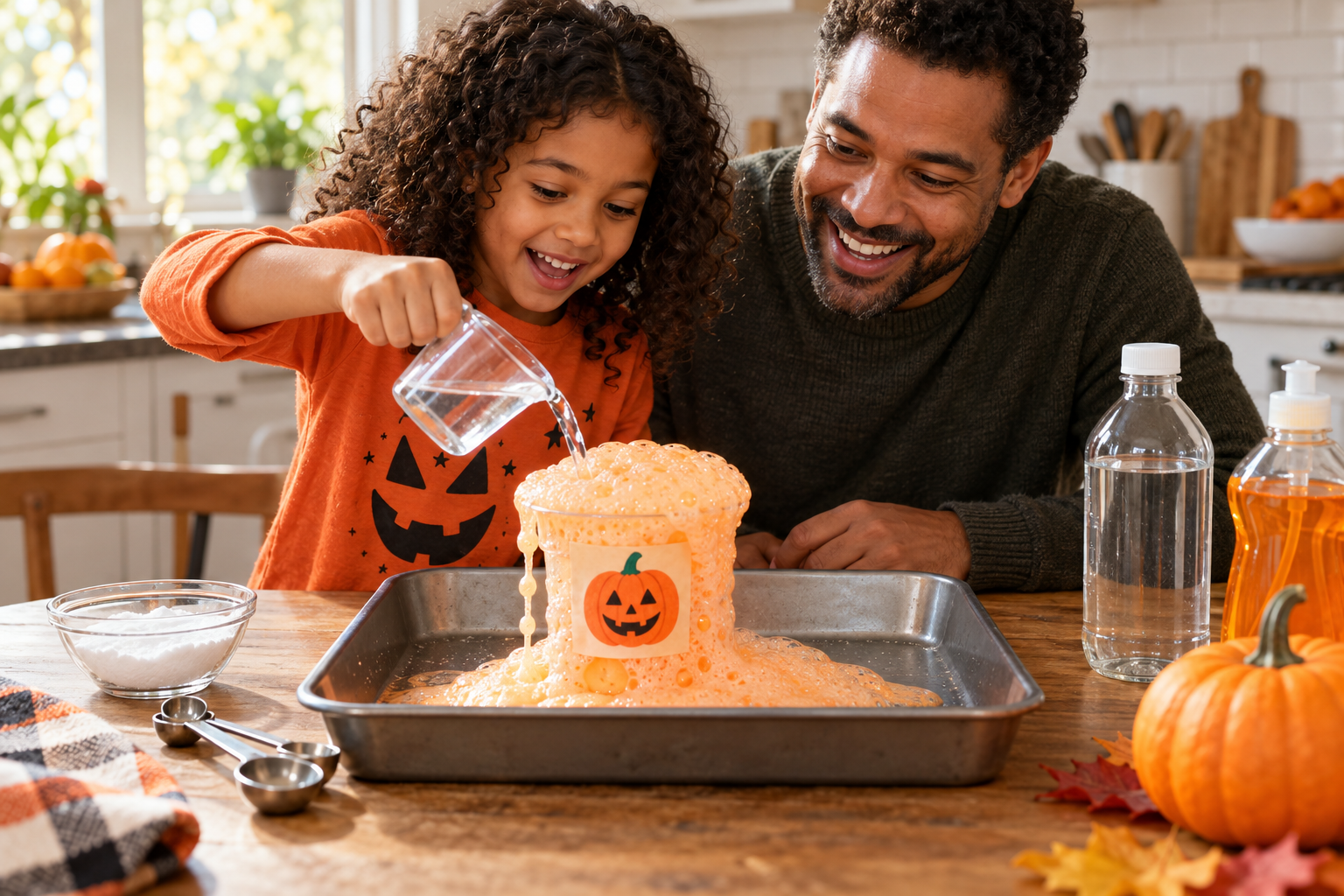 Child pouring vinegar into an orange foaming witch’s brew while a parent watches the Halloween science activity